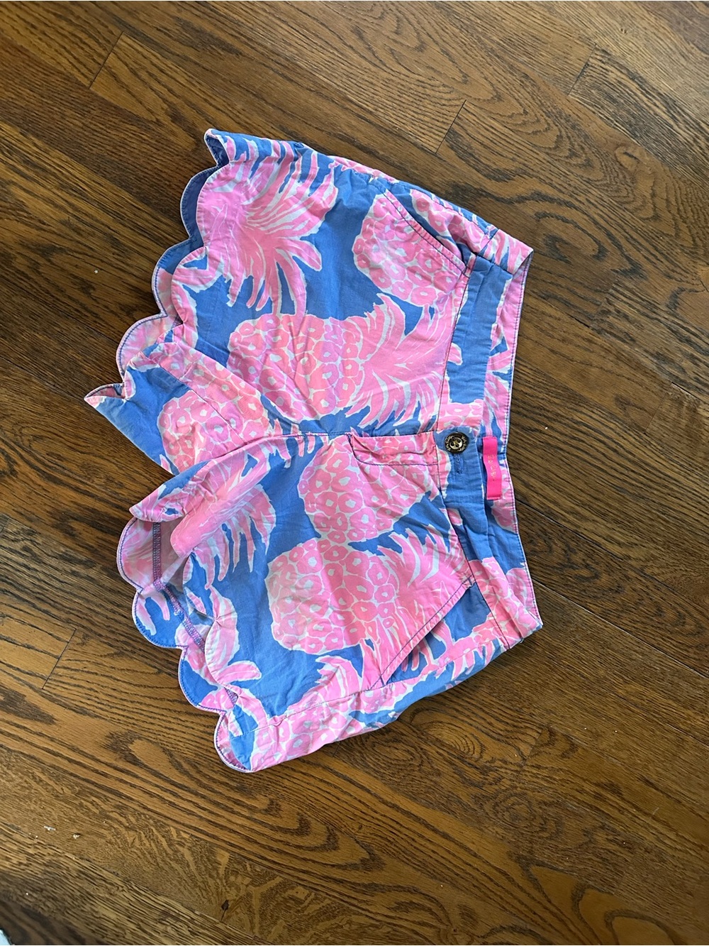 Lilly Pulitzer Blue Shorts with Pink Pineapple Print and Scallop Hem